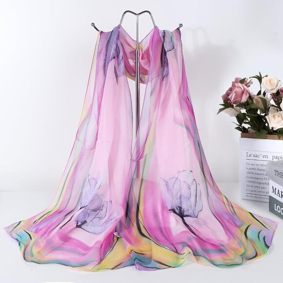 Women's Pink+purple Fashion Lightweight Head Scarf Floral Print Chiffon Scarves - Picture 2 of 6